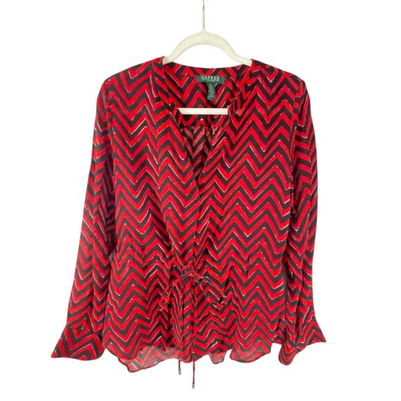 Lauren Ralph Lauren Red Black Chevron Blouse PL Long Sleeves Cotton Blend Office - Picture 6 of 9